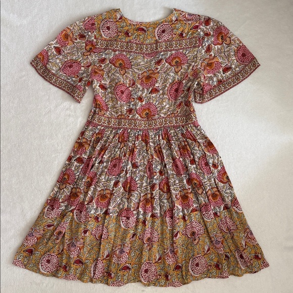 ba&sh | Valia Floral Print Short Sleeve Boho Mini Dress 1E22VALI Ocre (XS 2) - Picture 11 of 16